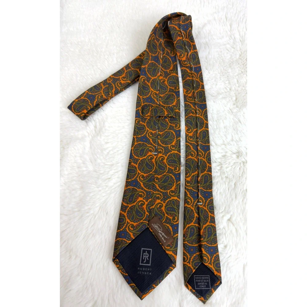 Robert Jensen Mens Silk Paisley Tie Orange Hand Sewn Made in Italy Luxury Dapper